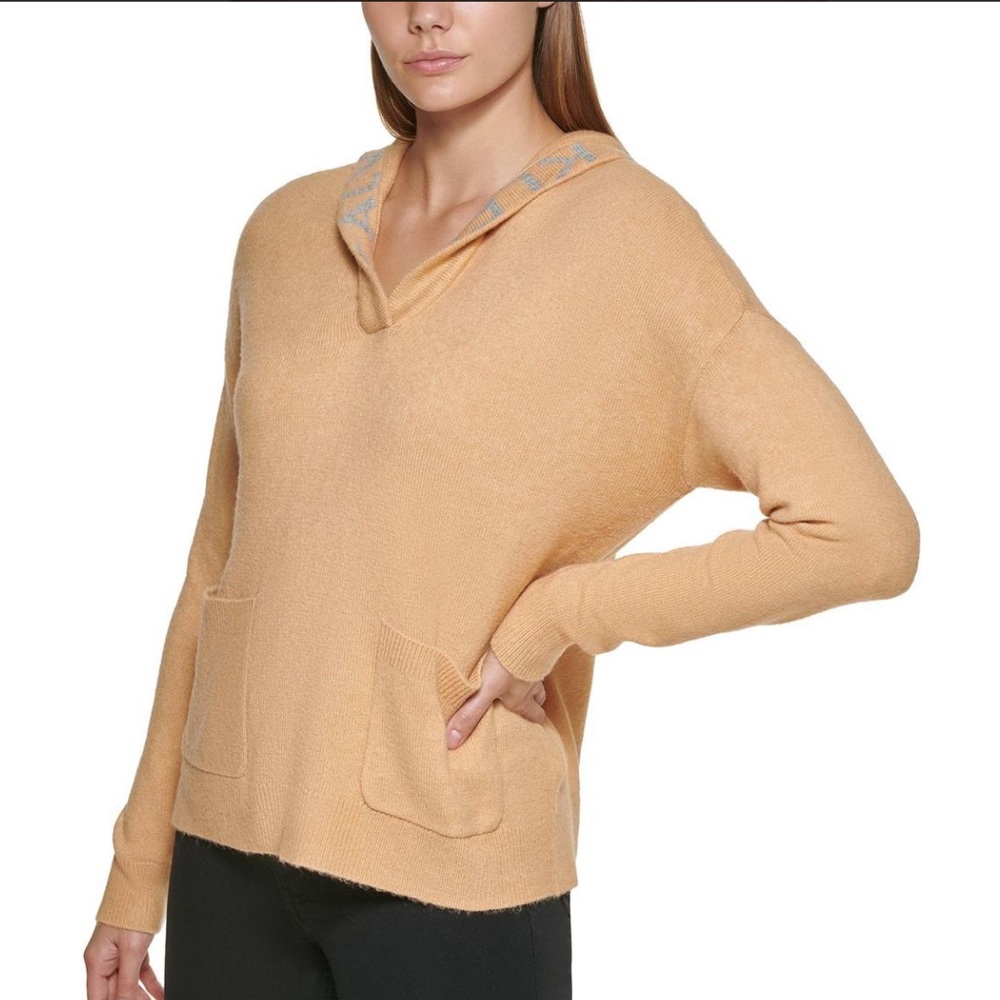 Calvin Klein Women's V-Neck Hooded Logo Knit Sweater Kahki Size XS